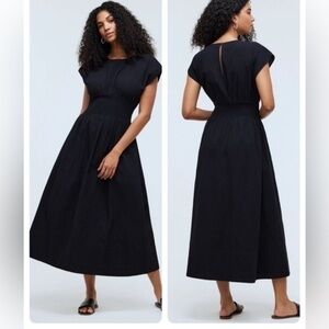 Madewell Smocked Waist Midi Dress Stripe Seersucker Linen Blend Black XS NWT